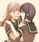  2girls black_hair blush brown_eyes brown_hair commentary face-to-face food hand_on_another&#039;s_shoulder kantai_collection kitakami_(kantai_collection) long_hair multiple_girls ooi_(kantai_collection) open_mouth pocky pocky_day pocky_kiss sailor_collar shared_food short_sleeves takamachiya tan_background trembling upper_body yuri 