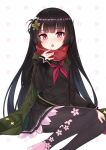  1girl absurdres bangs black_hair black_legwear black_sailor_collar black_serafuku black_shirt black_skirt blush cherry_blossom_print chestnut_mouth commentary_request eyebrows_visible_through_hair feet_out_of_frame fingernails flower girls_frontline green_flower green_jacket hair_flower hair_ornament hand_up highres jacket long_hair long_sleeves looking_at_viewer neckerchief ohshit open_mouth pantyhose pleated_skirt print_legwear red_eyes red_neckwear red_scarf sailor_collar scarf school_uniform serafuku shirt skirt sleeves_past_wrists solo type_100_(girls_frontline) very_long_hair white_background 