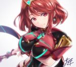  1girl bangs blush breasts earrings fingerless_gloves gloves hair_ornament headpiece pyra_(xenoblade) jewelry large_breasts long_hair looking_at_viewer nintendo red_eyes red_shorts redhead short_hair shorts shoulder_armor smile solo swept_bangs tiara xenoblade_(series) xenoblade_2 yoshiomi 