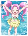  1girl :d arms_up blush breasts cleavage closed_eyes collarbone floating_hair flower frilled_skirt frills hair_flower hair_ornament hanami_kotoha hanzou highres long_hair mahou_girls_precure! midriff miniskirt navel open_mouth outstretched_arms pink_hair precure shiny shiny_hair skirt small_breasts smile soaking_feet solo sparkle standing stomach strapless strapless_bikini twintails very_long_hair water white_flower yellow_skirt 