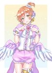  1girl angel_wings blush bow bowtie center_frills cowboy_shot feathered_wings finger_heart flower frilled_shorts frills gradient gradient_background hair_flower hair_ornament hair_ribbon head_tilt headset heart highres hoshizora_rin kaisou_(0731waka) looking_at_viewer love_live! love_live!_school_idol_project orange_hair pink_flower pink_neckwear pink_rose pink_shorts ribbon rose short_hair short_sleeves shorts side_ponytail smile solo striped striped_bow striped_neckwear thigh_gap thighlet wings wrist_cuffs x_hair_ornament yellow_eyes yellow_ribbon 