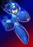  1boy arm_cannon blue_eyes commentary_request full_body gradient gradient_background helmet hi-go! male_focus open_mouth outstretched_arms rockman rockman_(character) rockman_(classic) rockman_11 signature simple_background solo weapon 