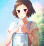  1girl blue_sky blush brown_hair day fingers_together hanr10 hyouka ibara_mayaka looking_at_viewer outdoors overalls parted_lips red_eyes shirt short_hair short_sleeves sky solo suspenders upper_body white_shirt 