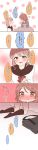  2girls :| ahoge bag bangs black_legwear blush bow bowl braid brown_eyes brown_hair closed_eyes closed_mouth comic grey_hoodie hair_bow heart_ahoge highres holding holding_bowl kneehighs kneeling long_sleeves looking_at_another love_live! love_live!_sunshine!! minori_748 multiple_girls no_shoes open_mouth red_eyes school_bag short_hair sick side_braid sweatdrop takami_chika translation_request under_covers watanabe_you white_bow 