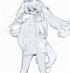  1girl alternate_eye_color arm_up bangs blue daruma_owl fur_jacket fur_trim hair_between_eyes hand_in_pocket hand_up hatsune_miku highres jacket long_bangs long_hair long_sleeves looking_at_viewer monochrome pants red_eyes simple_background sleeves_pushed_up solo spot_color standing twintails very_long_hair vocaloid white_background zipper_pull_tab 