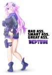  1girl adult_neptune bangs black_footwear bracelet breasts choujigen_game_neptune closed_mouth d-pad d-pad_hair_ornament finger_to_mouth full_body gun hair_between_eyes hair_ornament handgun hood hooded_track_jacket jacket jewelry long_hair looking_at_viewer neptune_(series) older one_eye_closed pistol purple_hair shoes sidelocks simple_background solo standing tanaka_rie thighs track_jacket up_(mmmmmmmmss) violet_eyes weapon white_background 