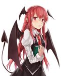  1girl absurdres book collar demon_tail demon_wings head_wings highres holding holding_book kani_nyan koakuma long_hair looking_at_viewer necktie parted_lips pointy_ears red_eyes red_neckwear redhead simple_background solo tail touhou upper_body very_long_hair white_background white_collar wings 