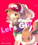  1girl ;d backpack bag bangs baseball_cap blush breasts brown_eyes brown_hair brown_shirt clenched_hand commentary_request creatures_(company) eevee eyebrows_visible_through_hair game_freak gen_1_pokemon green_shorts hair_between_eyes hand_up hat head_tilt kouu_hiyoyo long_hair nintendo one_eye_closed open_mouth outstretched_arm pokemon pokemon_(creature) pokemon_(game) pokemon_lgpe ponytail puffy_short_sleeves puffy_sleeves red_background red_hat shirt short_shorts short_sleeves shorts small_breasts smile touko_(pokemon) twitter_username 