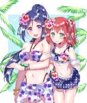  2girls :d arm_grab bangs bikini bikini_skirt blue_hair blush bracelet breasts cleavage corsage detached_sleeves flat_chest floral_print flower green_flower hair_flower hair_ornament hairpin halterneck highres jewelry kaisou_(0731waka) kurosawa_ruby long_hair looking_at_viewer love_live! love_live!_sunshine!! matsuura_kanan medium_breasts multiple_girls navel o-ring o-ring_bikini open_mouth orange_scrunchie palm_leaf pink_flower polka_dot ponytail print_bikini purple_flower red_flower redhead scrunchie see-through_sleeves sidelocks smile stomach swimsuit two_side_up wrist_flower wrist_scrunchie yellow_flower 