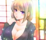  1girl absurdres black_kimono blonde_hair breasts cleavage clenched_hand eyebrows_visible_through_hair facial_scar gintama highres japanese_clothes kimono large_breasts looking_at_viewer paleatus parted_lips scar scar_on_cheek short_hair solo tsukuyo_(gintama) upper_body violet_eyes 