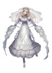 1girl arm_belt blonde_hair breasts crown dress frilled_dress frills full_body green_eyes long_hair long_sleeves looking_at_viewer official_art original puffy_long_sleeves puffy_sleeves reishiza small_breasts standing underpower_motors very_long_sleeves white_background white_dress 