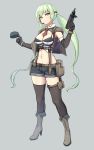  1girl alternate_hairstyle armpits bangs belt black_gloves black_legwear black_shorts boots breasts brown_vest capelet cleavage closed_mouth crop_top detached_collar earphones elbow_gloves eyebrows_visible_through_hair full_body girls_frontline gloves green_eyes green_hair grey_background grey_footwear gun hand_up hat hat_removed headwear_removed high_heel_boots high_heels highres holding holding_gun holding_hat holding_weapon holster holstered_weapon imi_uzi knee_boots legs_apart long_hair looking_at_viewer low_twintails manme medium_breasts micro_uzi_(girls_frontline) microphone midriff mini_hat navel necktie red_neckwear shirt short_shorts shorts sidelocks simple_background sleeveless smile solo spaghetti_strap standing star submachine_gun thigh-highs thigh_pouch trigger_discipline twintails very_long_hair vest wavy_hair weapon white_shirt wrist_cuffs 
