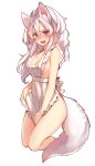  1girl animal_ears apron apron_tug blush breasts chinese chinese_commentary cleavage commentary_request embarrassed eyebrows fang full_body hair_between_eyes kneeling long_hair maid_apron medium_breasts mesme naked_apron nose_blush open_mouth original pink_eyes sideboob simple_background solo sweat tail white_apron white_background white_hair wolf_ears wolf_tail 