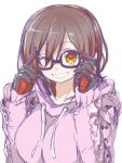  1girl black-framed_eyewear breasts brown_eyes commentary_request gloves grin hood hoodie large_breasts looking_at_viewer naitou_kouse navel one_eye_closed roboco-san roboco_ch. simple_background sketch smile solo virtual_youtuber white_background 