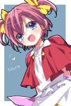  1girl arc_the_lad blue_eyes blush bow choko_(arc_the_lad) commentary_request dress hair_ribbon happy izumi_kouyou open_mouth pink_hair ribbon shawl short_hair short_twintails skirt smile solo twintails yellow_bow 