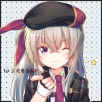  1girl ;) bangs beret black_gloves black_hat black_jacket blush closed_mouth collared_shirt eyebrows_visible_through_hair fingerless_gloves fingernails girls_frontline gloves grey_hair hair_between_eyes hair_ribbon hand_up hat jacket jiang-ge long_hair looking_at_viewer necktie one_eye_closed one_side_up open_clothes open_jacket pointing pointing_at_viewer red_neckwear red_ribbon ribbon shirt smile solo star translation_request usas-12_(girls_frontline) violet_eyes white_shirt 
