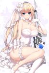  1girl ahoge alternate_costume ass bangs battle_rifle blonde_hair blue_eyes blush bow breasts bridal_veil choker cleavage commentary_request dress elbow_gloves eyebrows_visible_through_hair fal_(girls_frontline) flower fn_fal girls_frontline gloves gun hair_flower hair_ornament high_heels holding holding_gun holding_weapon jewelry large_breasts leg_garter long_hair looking_at_viewer minamon_(vittel221) necklace petals ribbon rifle sapphire_(stone) side_ponytail single_thighhigh sitting skindentation solo strapless strapless_dress thigh-highs tiara veil very_long_hair weapon wedding_dress white_dress white_footwear white_gloves white_legwear white_ribbon yokozuwari 