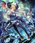  1girl :d artist_request blonde_hair breasts bustier card cygames demon_girl demon_horns demon_tail demon_wings dog dress frills gremory_(shadowverse) horns large_breasts magic_circle official_art open_mouth pointy_ears puffy_sleeves ribbon shadowverse smile tail thigh-highs twintails wings yellow_eyes 