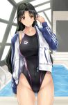  1girl arena_(company) black_hair black_swimsuit blurry brown_eyes commentary_request competition_swimsuit covered_navel cowboy_shot depth_of_field groin highleg highleg_swimsuit indoors jacket long_hair looking_at_viewer multicolored multicolored_clothes multicolored_jacket one-piece_swimsuit original pool rei_no_pool solo standing swimsuit yukitaka 