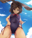  1girl animal_ears aono_(f_i_s) azur_lane breasts brown_eyes brown_hair clouds commentary_request covered_navel covered_nipples dark_skin from_below groin highres i-26_(azur_lane) looking_down one-piece_swimsuit open_mouth pulled_by_self rabbit_ears school_swimsuit short_hair sky smile solo swimsuit swimsuit_pull thighs 