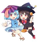  2girls :d bangs basket black_dress black_hair black_hat black_legwear blue_eyes blue_hair blue_skirt blue_vest blush bow bowtie breasts brown_footwear candy caramell0501 center_frills chibi commentary_request dress eyebrows_visible_through_hair food geta halloween hand_up hat heterochromia holding holding_basket holding_food houjuu_nue juliet_sleeves leg_up lollipop long_sleeves medium_breasts multiple_girls open_mouth puffy_sleeves purple_umbrella red_bow red_eyes red_footwear red_neckwear shirt shoes short_dress short_hair short_sleeves simple_background skirt skirt_set smile star tatara_kogasa thigh-highs thighs tongue tongue_out touhou ufo vest white_background white_shirt witch_hat zettai_ryouiki 