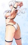  1girl absurdres agetama armpits arms_up ass bare_back bikini blue_eyes breasts butt_crack commentary_request hidan_no_aria highres jeanne_d&#039;arc_(hidan_no_aria) large_breasts looking_at_viewer parted_lips sideboob skindentation solo swimsuit thigh_strap thighs white_bikini 
