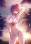  1girl backlighting bikini black-framed_eyewear blurry blurry_background bow breasts cleavage collarbone contrapposto fate/grand_order fate_(series) glasses groin hair_over_one_eye hand_behind_head highres large_breasts looking_at_viewer mash_kyrielight mouth_hold navel necoring862 outdoors purple_hair red_bow short_hair solo standing swimsuit untied untied_bikini violet_eyes white_bikini 