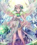  1girl :d angel_wings aqua_eyes artist_request blonde_hair cygames dress eyebrows_visible_through_hair flower gold gold_trim green_hair hair_flower hair_ornament holding holding_staff miriam_(shadowverse) multicolored_hair multiple_wings open_mouth pointy_ears shadowverse short_hair smile staff wings 