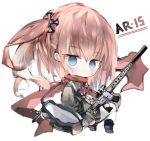  1girl ar-15 bag black_footwear black_jacket blue_eyes blush boots brown_hair character_name chibi closed_mouth commentary_request full_body girls_frontline gun hair_ornament holding holding_gun holding_weapon jacket kotatu_(akaki01aoki00) looking_at_viewer looking_back neck_ribbon object_namesake red_ribbon red_scarf ribbon rifle scarf shoe_soles shoulder_bag simple_background solo st_ar-15_(girls_frontline) thigh-highs twintails weapon white_background white_legwear 