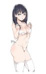  1girl bare_shoulders bikini black_hair blue_eyes breasts commentary_request highres long_hair looking_at_viewer medium_breasts navel parted_lips relaxjon signature simple_background skindentation solo ssss.gridman swimsuit takarada_rikka thighs white_background white_bikini 
