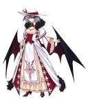  1girl alternate_costume arm_at_side bangs bat_wings breasts capelet cleavage closed_mouth dress earrings full_body fur_trim grey_hair hair_between_eyes hand_up hat hat_ribbon high_heels highres jewelry layered_clothing layered_dress long_sleeves looking_at_viewer older open_hand outline pelvic_curtain pink_lips pointy_ears print_dress red_eyes red_footwear remilia_scarlet ribbon short_hair shukusuri smile sun_hat touhou veil white_background white_dress white_hat wide_sleeves wings yellow_dress 