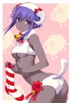  1girl ass bangs bare_shoulders bell breasts christmas_stocking dark_skin eyebrows_visible_through_hair fate/grand_order fate/prototype fate/prototype:_fragments_of_blue_and_silver fate_(series) hair_between_eyes hassan_of_serenity_(fate) horns looking_at_viewer medium_breasts nishimura_eri purple_hair sheep_horns sheep_tail short_hair short_hair_with_long_locks sidelocks simple_background solo string tail under_boob violet_eyes 