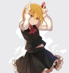  1girl arms_up ascot bangs black_skirt black_vest blonde_hair commentary_request cowboy_shot eyebrows_visible_through_hair grey_background hair_between_eyes hair_ribbon head_tilt highres index_fingers_raised long_sleeves looking_at_viewer orange_eyes petticoat red_neckwear red_ribbon ribbon rin_falcon rumia shirt short_hair simple_background skirt smile solo touhou vest white_shirt 