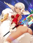  1girl altera_(fate) altera_the_santa ass bangs blunt_bangs blush breasts choker dark_skin detached_sleeves earmuffs eyebrows_visible_through_hair fate/grand_order fate_(series) gloves hair_between_eyes hakka_(88hk88) headdress highres light_trail looking_at_viewer night night_sky outdoors photon_ray red_eyes revealing_clothes riding sheep short_hair sky small_breasts smile solo star_(sky) tan tattoo veil white_gloves white_hair 