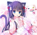 1girl :d animal animal_ear_fluff animal_ears apron black_hair blue_eyes blush cat cat_ears cat_girl cat_tail commentary_request frilled_apron frilled_skirt frilled_sleeves frills head_tilt heterochromia japanese_clothes kimono long_hair long_sleeves looking_at_viewer maid_headdress open_mouth original pinching_sleeves pink_kimono pink_skirt shiwasu_horio short_kimono skirt sleeves_past_wrists smile solo tail very_long_hair wa_maid waist_apron white_apron wide_sleeves yellow_eyes 
