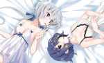  2girls bare_shoulders bed_sheet blue_eyes blue_hair blush breasts brown_eyes cleavage collarbone food hair_ornament hair_ribbon konno_junko long_hair low_twintails lying maji_(etonato) mizuno_ai multiple_girls nightgown on_back pocky pocky_day ribbon short_hair silver_hair sleeveless small_breasts twintails zombieland_saga 
