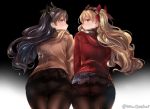  2girls ass black_background black_bow black_hair black_legwear blonde_hair blush bow brown_jacket character_request checkered checkered_skirt coat ereshkigal_(fate/grand_order) eyebrows_visible_through_hair fate/grand_order fate_(series) hair_between_eyes hair_bow ishtar_(fate/grand_order) jacket juurouta long_sleeves looking_at_viewer looking_down miniskirt multiple_girls open_mouth pantyhose red_bow red_eyes red_jacket scarf simple_background skirt striped striped_scarf winter_clothes 
