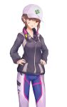  1girl absurdres alternate_hair_length alternate_hairstyle bangs baseball_cap blue_bodysuit bodysuit brown_eyes brown_hair collarbone d.va_(overwatch) grey_hat grey_jacket hands_on_hips hat headphones headphones_around_neck highres jacket long_sleeves looking_at_viewer open_mouth overwatch short_hair sidelocks simple_background solo standing swept_bangs white_background yul0760 zipper 