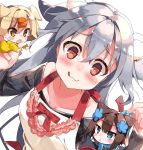  3girls :q apron bangs blush bow collarbone commentary_request feet_out_of_frame hair_between_eyes hair_flaps hinomi_(hisaka_hazara) hisaka_hazara kanomi_(hisaka_hazara) long_hair mayo_(hisaka_hazara) multiple_girls original red_eyes replaceme tagme tongue tongue_out 