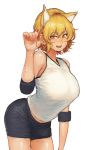  1girl animal_ears blonde_hair breasts chanta_(ayatakaoisii) commentary_request cowboy_shot elbow_pads fox_ears gym_shirt gym_shorts highres large_breasts looking_at_viewer open_mouth shirt short_hair shorts sleeveless sleeveless_shirt smile sportswear sweat touhou volleyball_uniform yakumo_ran yellow_eyes 