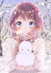  1girl absurdres bare_tree blue_eyes blush braid french_braid grey_sky highres looking_at_viewee medium_hair mouth_openblush original outdoors pink_scarf plaid plaid_scarf potate scarf snow snowflakes snowing snowman solo standing tree upper_body white_coat 