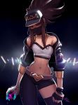  1girl akali animated asymmetrical_clothes backlighting bandeau bangle baseball_cap belt belt_buckle bracelet breasts brown_hair buckle choker clenched_hand commentary contrapposto covered_mouth cropped_jacket earrings english_commentary eyeshadow face_mask fingerless_gloves gloves hat idol jacket jewelry k/da_(league_of_legends) k/da_akali league_of_legends long_hair looking_at_viewer makeup mask midriff mike_nesbitt navel necklace open_clothes open_jacket paint paint_splatter pink_hair sidelocks single_glove single_pantsleg single_thighhigh small_breasts solo spray_can standing thigh-highs toned ultraviolet_light 