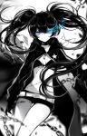  1girl absurdres artist_name bangs bikini_top black_hair black_rock_shooter black_rock_shooter_(character) blue_eyes chains chinese_commentary choker collarbone cowboy_shot eyelashes floating_hair front-tie_bikini front-tie_top gloves gradient gradient_background grey_background hair_between_eyes highres hood hooded_jacket jacket limited_palette long_hair long_sleeves looking_at_viewer sheya short_shorts shorts signature solo spot_color star stitches stomach thighs white_background 