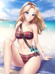  1girl beach blonde_hair blue_eyes bracelet breasts gigamessy hairband headband jewelry league_of_legends long_hair looking_at_viewer luxanna_crownguard medium_breasts navel parted_lips plaid sitting solo swimsuit 