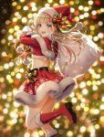  1girl :d bag bangs bell blue_eyes blurry blurry_background blush bokeh boots breasts capelet christmas dated depth_of_field eyebrows_visible_through_hair floating_hair from_side fur-trimmed_boots fur_trim gift gloves hat holding holding_bag jingle_bell knee_boots leg_up long_hair looking_at_viewer morikura_en open_mouth original sack santa_boots santa_costume santa_gloves santa_hat sidelocks signature smile solo 