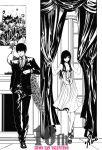  1boy 1girl bird breasts chrome_dokuro cleavage commentary_request curtains dress eyepatch fireplace flower formal greyscale hibari_kyouya katekyo_hitman_reborn long_hair looking_at_viewer monochrome painting runesque suit window 