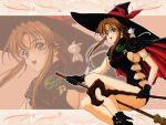  1girl animal animal_on_shoulder armlet black_footwear black_gloves breasts broom broom_riding brown_hair cape cat flying gloves hat holding holding_wand long_hair open_mouth red_eyes sideboob solo wand white_cat witch witch_hat yoshizane_akihiro zoom_layer 