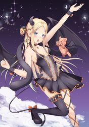  1girl :d abigail_williams_(fate/grand_order) absurdres arm_up bangs bat black_footwear black_legwear black_ribbon black_skirt black_wings blonde_hair blue_eyes blush bow breasts cleavage demon_wings fate/grand_order fate_(series) frilled_skirt frills garter_straps highres horns laven_whi14 leg_ribbon leg_up long_hair looking_at_viewer miniskirt navel open_mouth orange_bow orange_ribbon parted_bangs ribbon see-through sideboob skirt sleeveless small_breasts smile solo standing standing_on_one_leg stuffed_animal stuffed_toy teddy_bear thigh-highs wings wrist_cuffs 