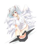  1girl angel_chromosome_xx closed_mouth looking_at_viewer multiple_wings neon_genesis_evangelion rattorun red_eyes short_twintails silver_hair simple_background smile sword tabris tabris-xx twintails weapon white_background wings 