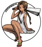  1girl abenobashi_mahou_shoutengai arm_support asahina_arumi bare_arms braid brown_eyes brown_hair commentary_request dakusuta dress fan full_body highres holding long_hair paper_fan sandals solo tan twin_braids white_background white_dress 